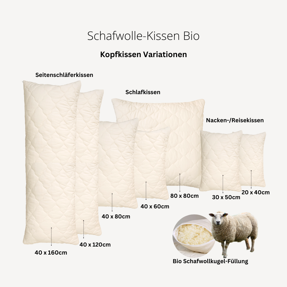 Schafwollflocken-Kopfkissen "Maeve" mit Steppbezug Bio